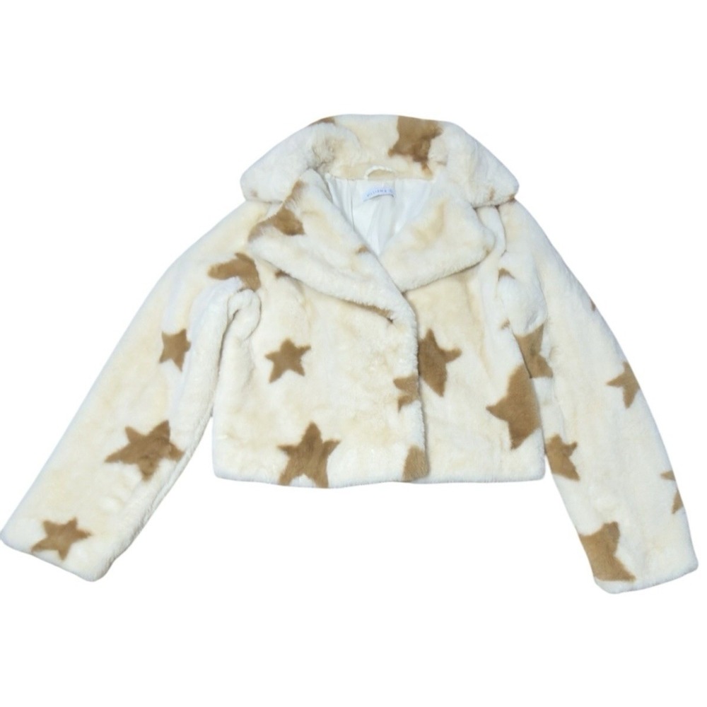 William B. Star Faux Fur‎ Jacket Small Cropped Cozy Teddy Beige Stars